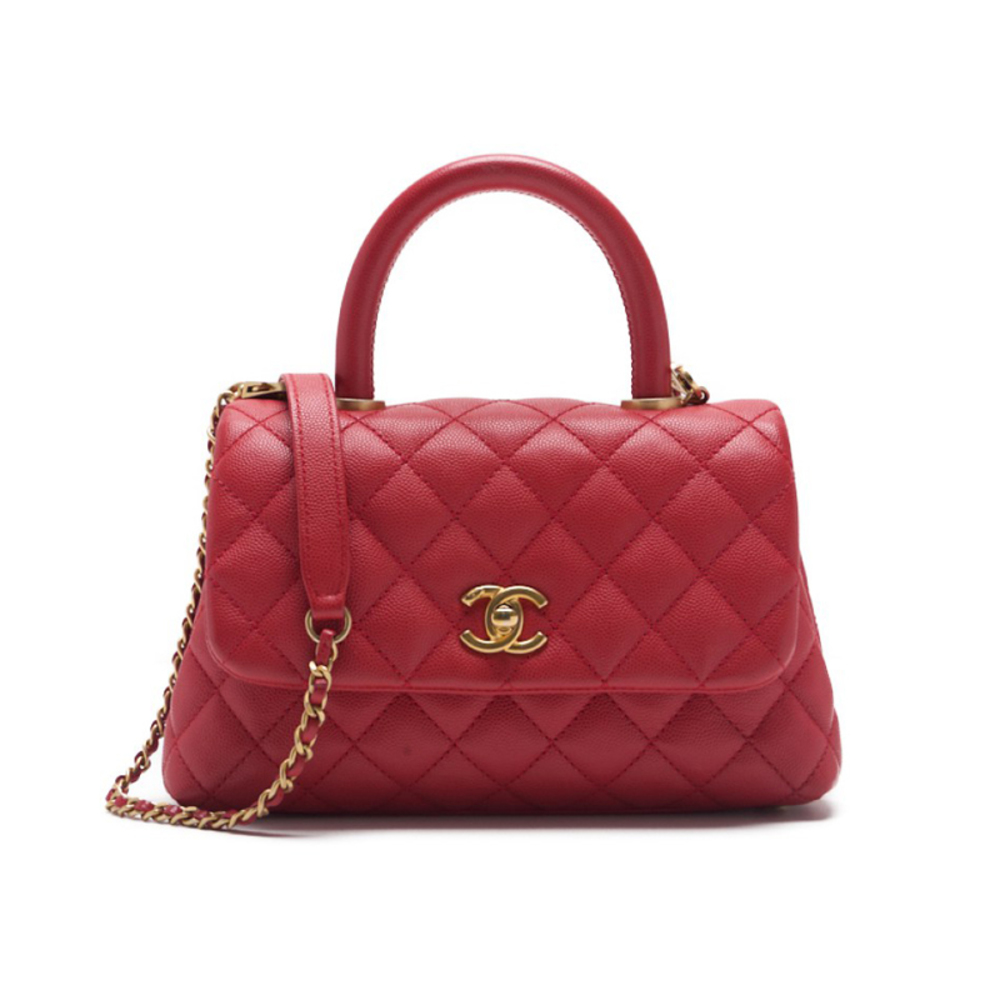 Chanel Matelasse Coco Handle 2Way Handbag Caviar Skin Red Gold